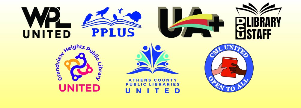 Logos for Worthington Public Libraries United, Pickerington Public Library United Staff, Upper Arlington Public Library United Staff, Delaware County United Library Staff, Grandview Heights Public Library United, Athens County Public Library United, Columbus Metropolitan Library United